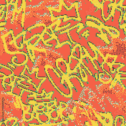 Vector Seamless pixel graffiti pattern with abstract tags, dithered texture. Urban, grunge, playful pixel art style perfect for backgrounds, textiles