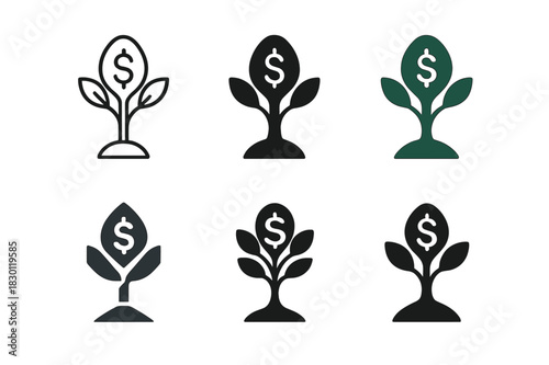 Financial Freedom Icons. Financial independence. Icon set. Set Logo of financial independence: growing money tree. harmonious logo variations of the same