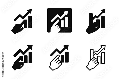 Financial Icons Grid. Stock markets and financial trading floors. Icon set. Set Logo of stock markets and financial trading floors: Hand pointing to chart.