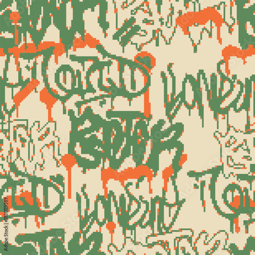 Vector Seamless pixel graffiti pattern with abstract tags, dithered texture. Urban, grunge, playful pixel art style perfect for backgrounds, textiles
