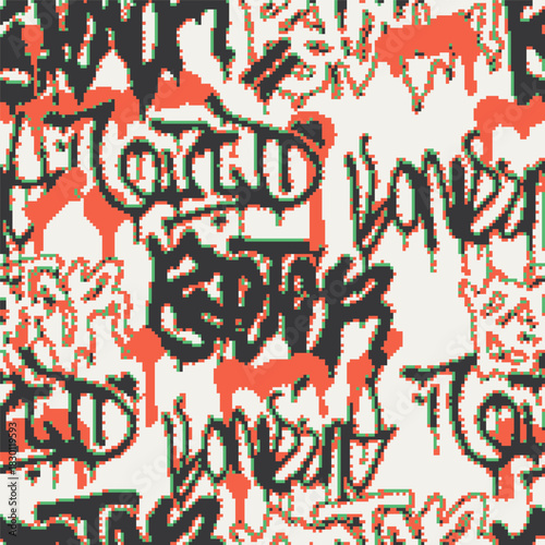 Vector Seamless pixel graffiti pattern with abstract tags, dithered texture. Urban, grunge, playful pixel art style perfect for backgrounds, textiles