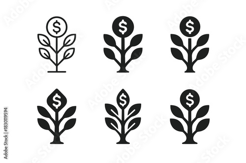 Financial Freedom Icons. Financial independence. Icon set. Set Logo of financial independence: growing money tree. harmonious logo variations of the same