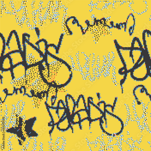 Vector Seamless pixel graffiti pattern with abstract tags, dithered texture. Urban, grunge, playful pixel art style perfect for backgrounds, textiles