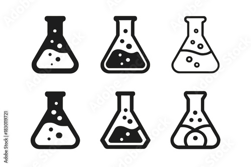 Flask Logo Variations. Flasks. Icon set. Set Logo of flasks: chemical reaction in flask. harmonious logo variations of the same emblematic concept, each with