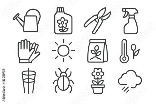 Flower Care Icons. Flower care. Line icon set of flower care: watering can, fertilizer bottle, pruning shears, spray bottle, gloves, sunlight icon, potting