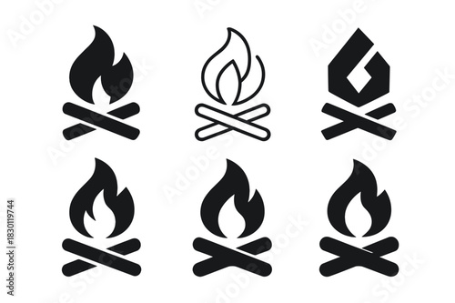 Fly Fishing Logos. Fly fishing and outdoor adventure. Icon set. Set Logo of campfire. harmonious logo variations of the same emblematic concept (Filled