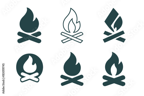Fly Fishing Logos. Fly fishing and outdoor adventure. Icon set. Set Logo of campfire. harmonious logo variations of the same emblematic concept (Filled