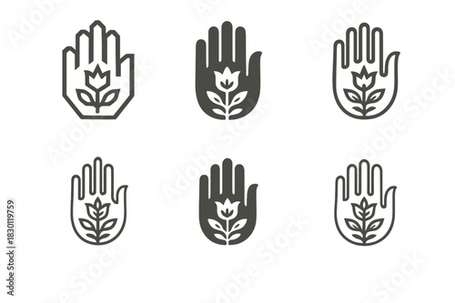 Folk Art Icon Set. Folk art. Icon set. Set Logo of folk art: Decorative hand motif. harmonious logo variations of the same emblematic concept, each with