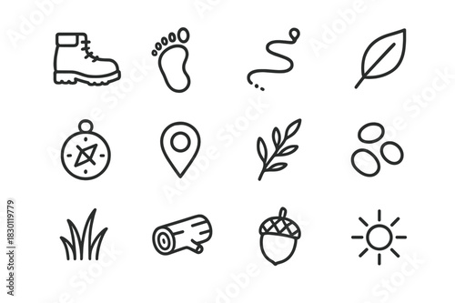Footsteps Journey Icons. Footsteps Journey. Line icon set of Footsteps Journey: hiking boots, footprint, trail line, leaf, compass, map pin, branch, pebble,