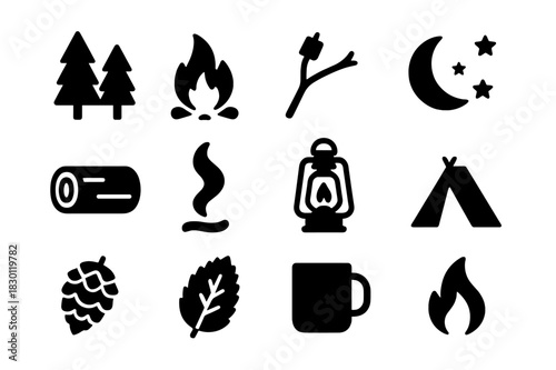 Forest Campfire Icons. Forest Campfire. Solid icon set of Forest Campfire: trees, campfire, marshmallow stick, smoke, log, night sky, lantern, tent, pinecone,