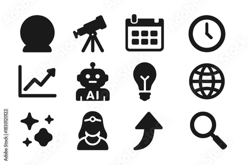 Future Forecast Icons. Future Predictions. Solid icon set of crystal ball, telescope, calendar, clock, graph, AI robot, light bulb, globe, stars, fortune