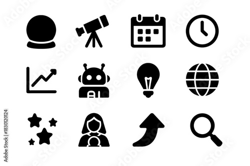 Future Forecast Icons. Future Predictions. Solid icon set of crystal ball, telescope, calendar, clock, graph, AI robot, light bulb, globe, stars, fortune