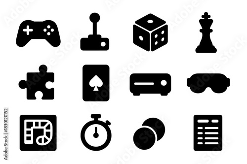 Game Icon Collection. Gaming Fun. Solid icon set of game controller, joystick, dice, chess piece, puzzle piece, playing card, console, VR headset, board game,