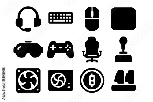 Gaming Gear Icons. Player gear. Solid icon set of Player gear: gaming headset, keyboard, mouse, mouse pad, VR headset, console controller, gaming chair,