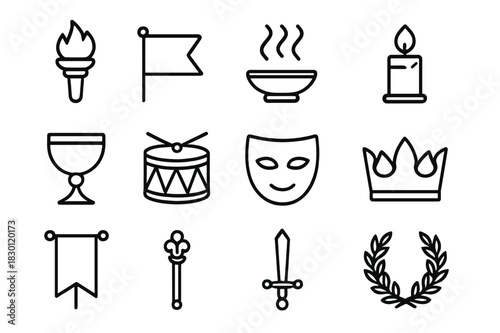 Image Generation. Ceremonial Symbols. Line icon set of Ceremonial Symbols: torch, flag, incense, candle, chalice, drum, mask, crown, banner, scepter,