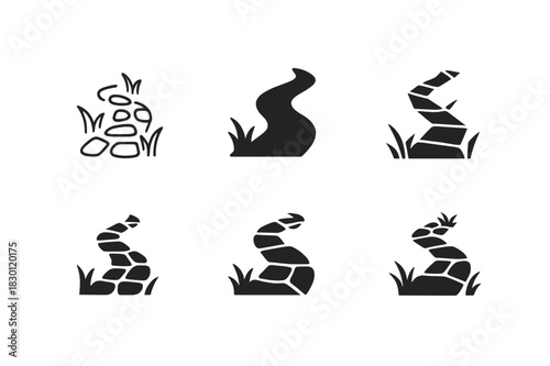 Garden Path Icons. Garden path. Icon set. Set Logo of garden path: stone walkway through grass. harmonious logo variations of the same emblematic concept, each