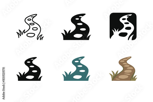 Garden Path Icons. Garden path. Icon set. Set Logo of garden path: stone walkway through grass. harmonious logo variations of the same emblematic concept, each