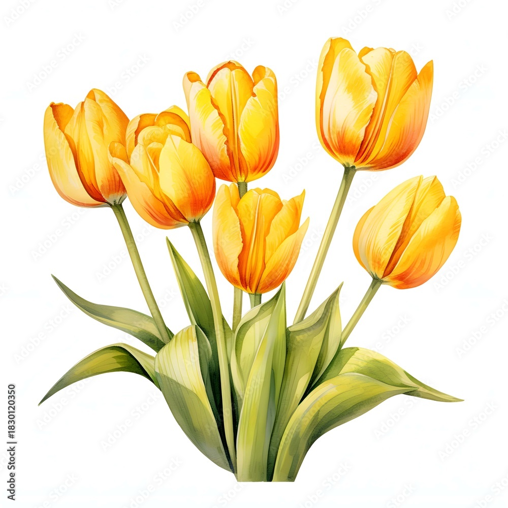 Naklejka premium Watercolor painting of vibrant yellow tulips with lush green leaves