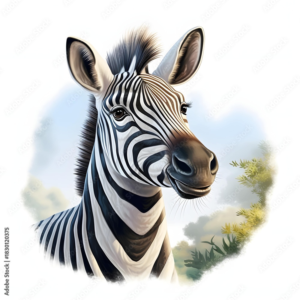 Obraz premium Zebra portrait with black and white stripes stands out against soft sky