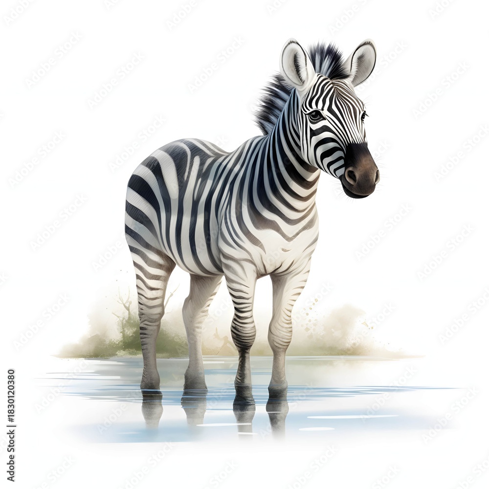 Obraz premium Zebra standing in shallow water with reflections and a white background in a watercolor style