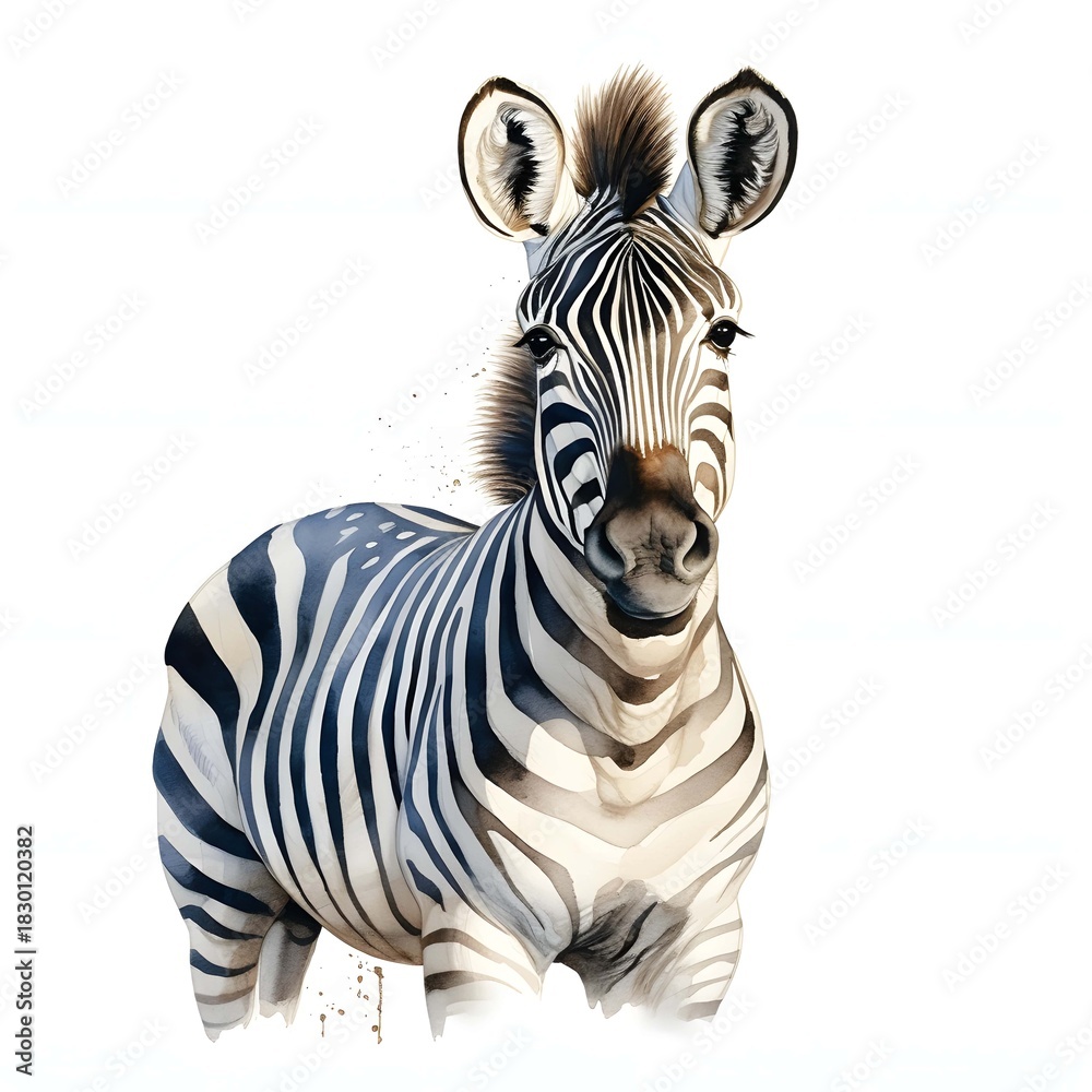Naklejka premium Striking zebra poses with its distinctive stripes in a watercolor painting style