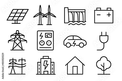 Green Energy Icons. Green power infrastructure. Line icon set of green power infrastructure: solar panels, wind turbines, hydro dam, battery, transmission