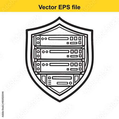 Outline vector icon of a server rack inside a shield shape representing cybersecurity, data protection, and network security concept, isolated on white background