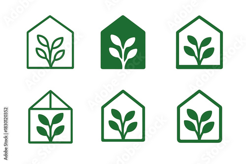 Greenhouse Logo Variations. Greenhouse farming. Icon set. Set Logo of greenhouse: glass greenhouse with plants inside. harmonious logo variations of the same