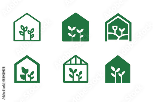 Greenhouse Logo Variations. Greenhouse farming. Icon set. Set Logo of greenhouse: glass greenhouse with plants inside. harmonious logo variations of the same