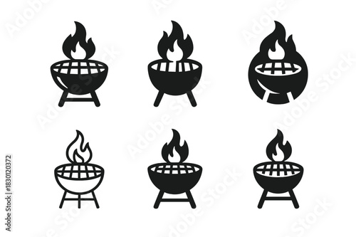 Grill Logo Variations. Grilling food. Icon set. Set Logo of grilling food: charcoal flames and grill grate. harmonious logo variations of the same emblematic