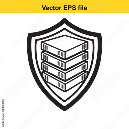Black and white outline icon representing secure data storage or server protection, featuring a stack of four server units inside a shield shape, isolated on white background