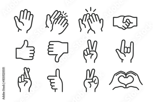Hand Gesture Icons. Gestures. Line icon set of gestures: waving hand, clapping hands, high five, fist bump, thumbs up, thumbs down, peace sign, pointing