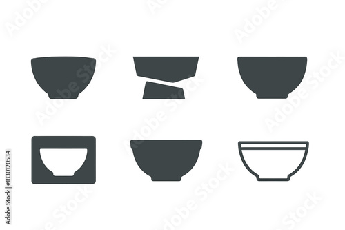 Harmonious Bowl Logos. Bowl. Icon set. Set Logo of bowl: mixing bowl. harmonious logo variations of the same emblematic concept, each with different artistic