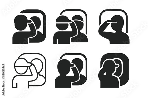 Hat Logo Variations. Trying on a hat in a mirror. Icon set. Set Logo of trying on a hat: person wearing baseball cap. harmonious logo variations of the same