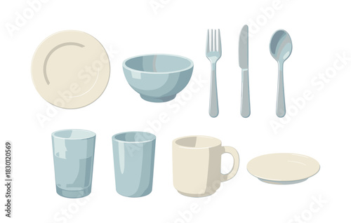 Kitchenware set, plates, cups, utensils in flat vector illustration, minimalist design