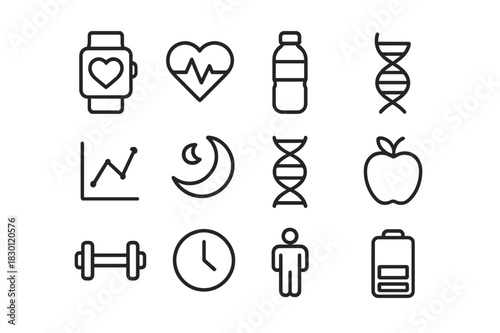 Health Tracking Icons. Health tracking. Line icon set of health tracking: smartwatch, heart rate, water bottle, step counter, graph, sleep moon, DNA strand,
