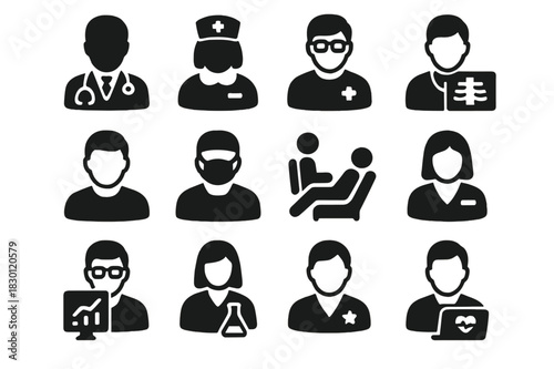 Healthcare Professionals Icons. Healthcare professionals. Solid icon set of Healthcare professionals: doctor, nurse, pharmacist, radiologist, technician,
