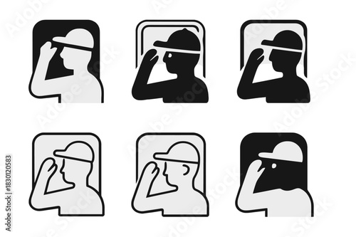 Hat Logo Variations. Trying on a hat in a mirror. Icon set. Set Logo of trying on a hat: person wearing baseball cap. harmonious logo variations of the same