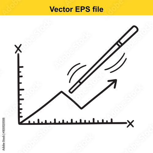 Hand drawn line graph showing upward trend with an arrow and a pen or stylus pointing to the peak, vector eps file