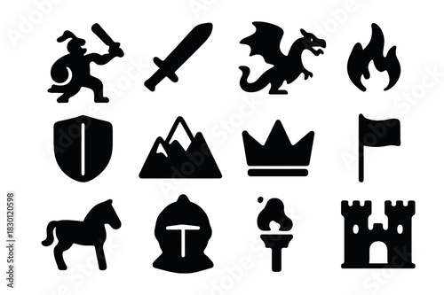 Heroic Battle Icons. Hero and Dragon Battle. Solid icon set of Hero and Dragon Battle: knight, sword, dragon, fire, shield, mountain, crown, armor, flag,