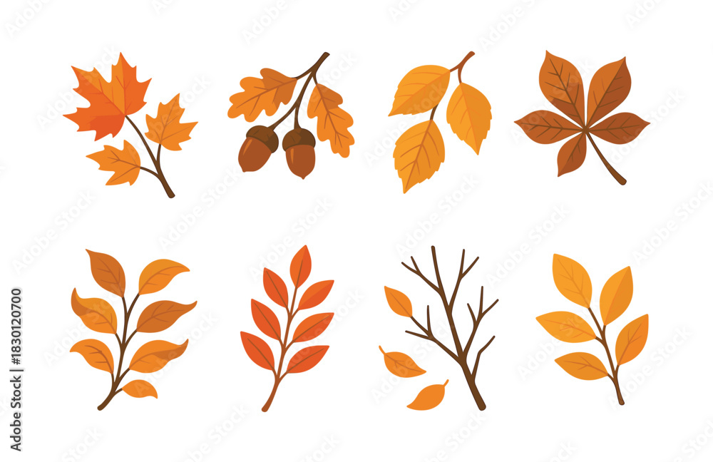 Obraz premium Autumn leaves and branches, fall foliage, flat vector illustration