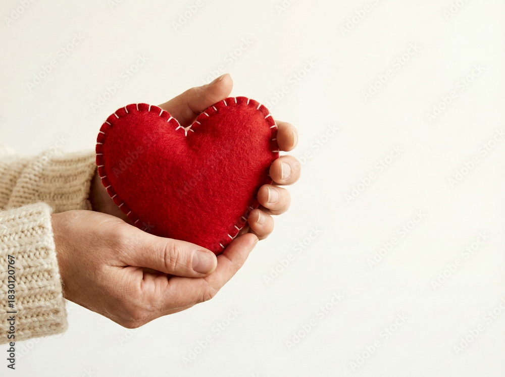 Fototapeta premium Hands gently cradle a vibrant red felt heart, symbolizing love, care, and compassion on a clean background.