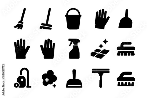Home Cleaning Icons. Home cleaning. Solid icon set of Home cleaning: broom, mop, bucket, dustpan, gloves, hand icon, cleaning spray, floor, vacuum, dust cloud,