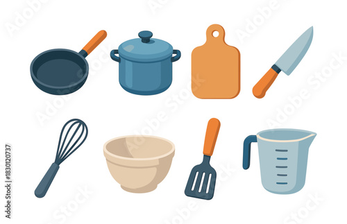 Kitchen utensils set, flat vector illustration with cookware and cutlery icons