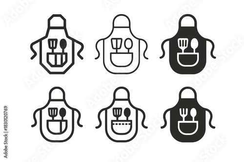 Home Cooking Logos. Home cooking. Icon set. Set Logo of home cooking: apron with kitchen utensils hanging from strap. harmonious logo variations of the same