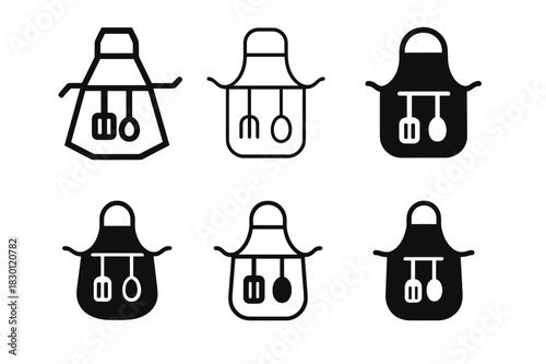 Home Cooking Logos. Home cooking. Icon set. Set Logo of home cooking: apron with kitchen utensils hanging from strap. harmonious logo variations of the same