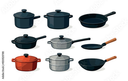 Kitchen cookware set, pots and pans, flat vector illustration