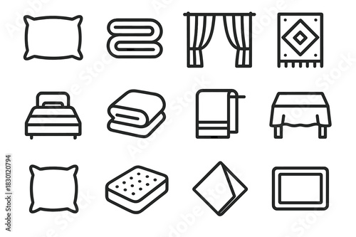 Home Textiles Icons. Home Textiles. Line icon set of Home Textiles: pillow, blanket, curtain, rug, bedsheet, duvet, towel, tablecloth, cushion, mattress,