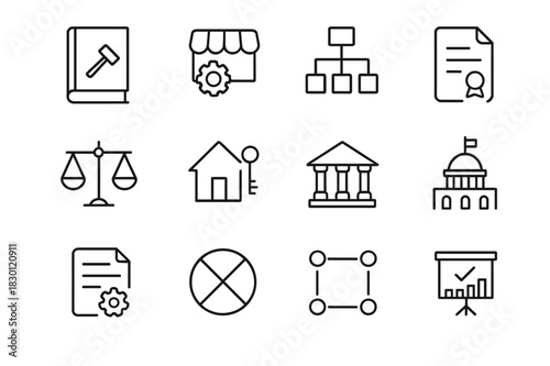Institutional Economics Icons. Institutional Economics. Line icon set of Institutional Economics: law book, market regulation, organization chart, policy