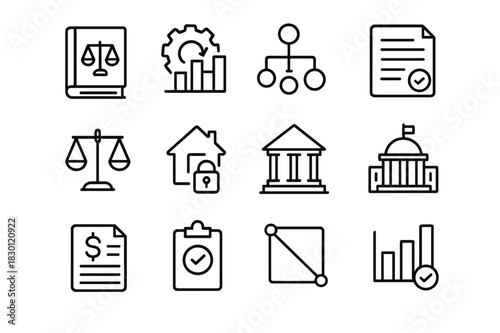 Institutional Economics Icons. Institutional Economics. Line icon set of Institutional Economics: law book, market regulation, organization chart, policy
